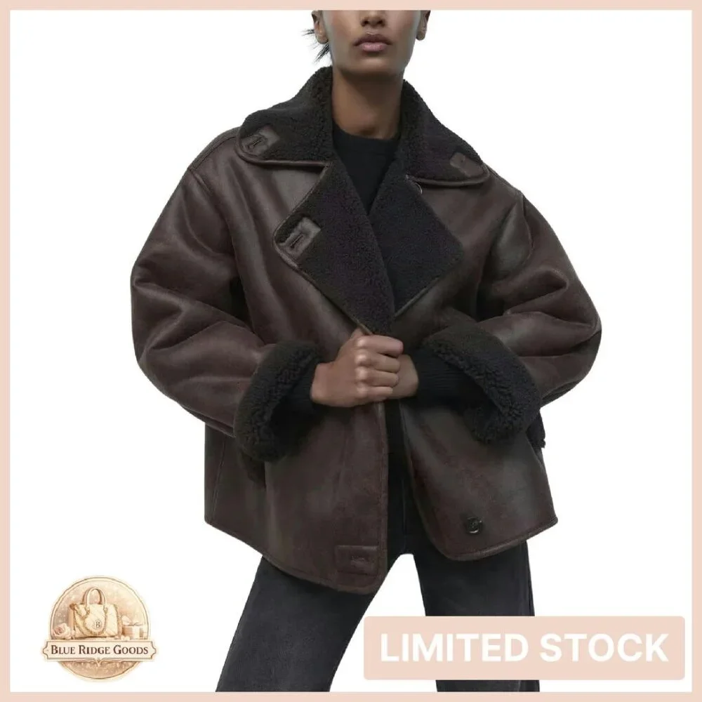 Sherpa Lined Faux Leather Jacket Oversized Motorcycle Style Winter Chic